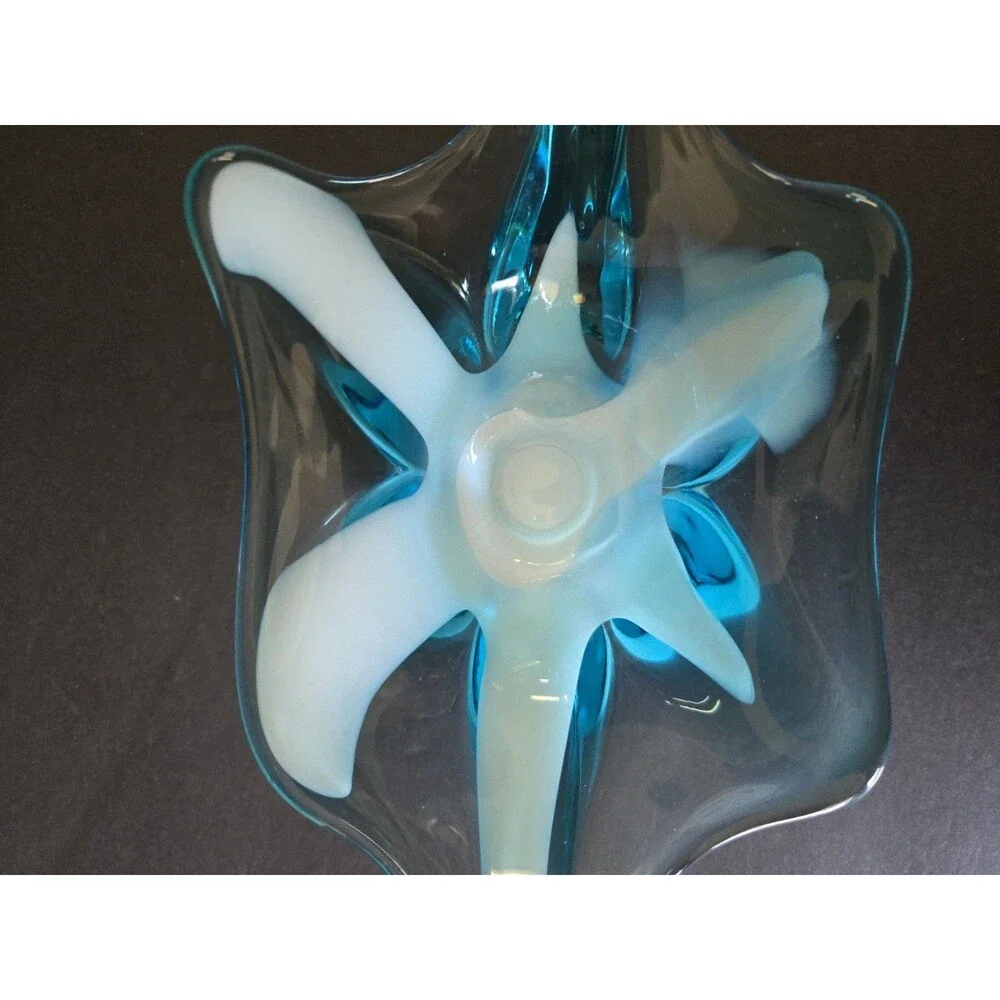 Vintage Aqua Blue & White Starfish Glass Centerpiece Bowl Freeform Retro Decor